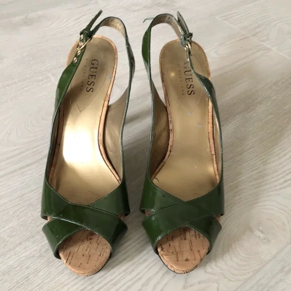 Guess by Marciano Green Leather High Heel Slingback Cork Heels - Picture 8 of 16